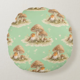 Woodland Robin & Mushroom Watercolor Pattern Round Cushion