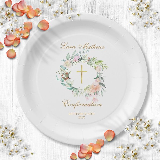 Woodland Rose Garland Gold Confirmation Paper Plate (Woodland Rose Garland Gold Confirmation Paper Plates)