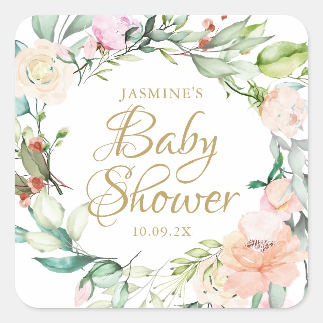 Woodland Roses Gold Script Baby Shower Square Sticker (Front)