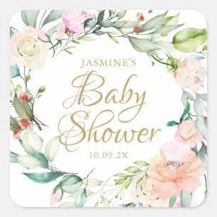 Woodland Roses Gold Script Baby Shower Square Sticker