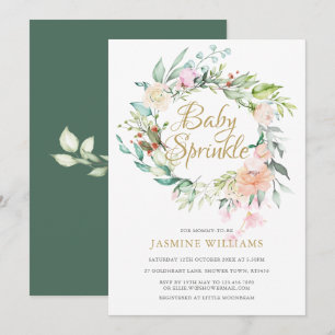 Woodland Roses Gold Script Baby Sprinkle Invitation