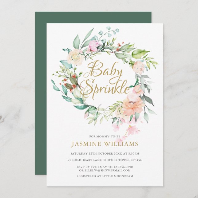 Woodland Roses Gold Script Baby Sprinkle Invitation (Front/Back)