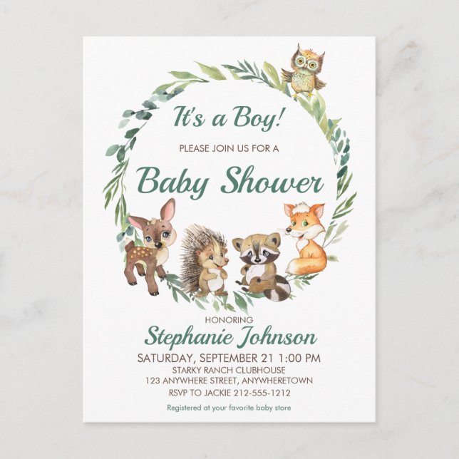 Woodland Rustic Forest Animals Baby Shower Postcard (Front)