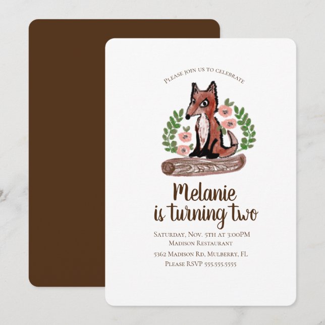 Woodland Rustic Fox Floral Birthday Party Invitation (Front/Back)