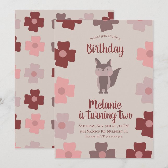 Woodland Rustic Fox Flowers Birthday Party  Invitation (Front/Back)