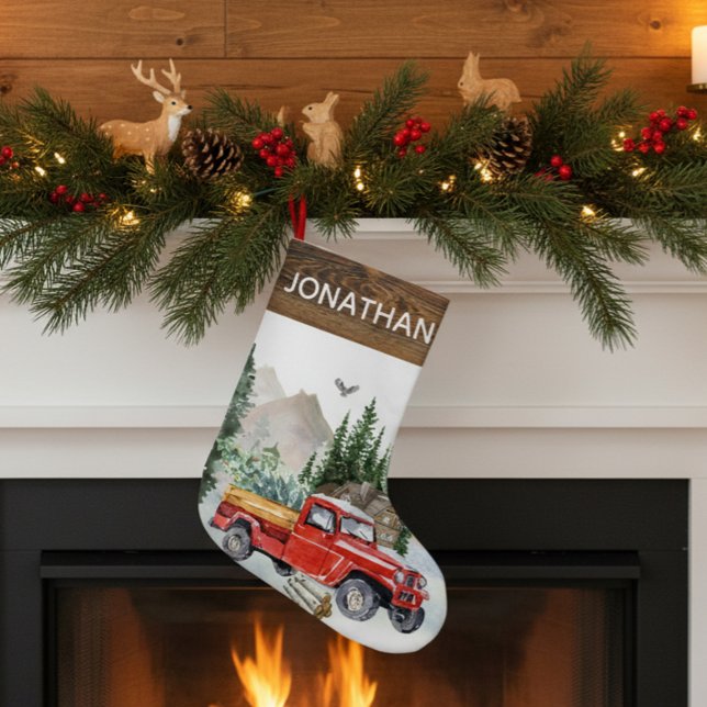 Woodland Rustic Watercolor Truck Cabin Country Small Christmas Stocking (Creator Uploaded)