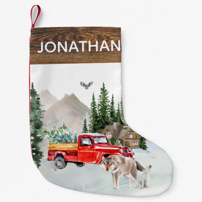 Woodland Rustic Watercolor Truck Cabin Wolf Small Christmas Stocking (Front)