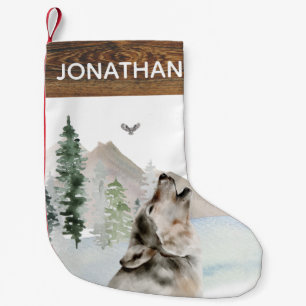 Woodland Rustic Watercolor  Wolf Forest Small Christmas Stocking