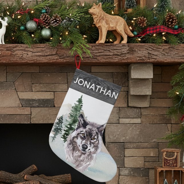 Woodland Rustic Watercolor Wolf Forest Small Christmas Stocking (Creator Uploaded)