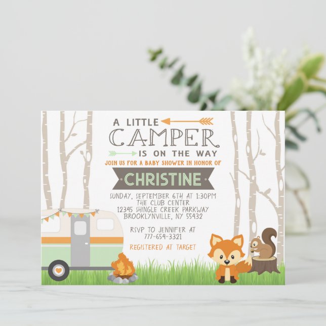 Woodland RV Camper Forest Animals Baby Shower Invitation (Standing Front)