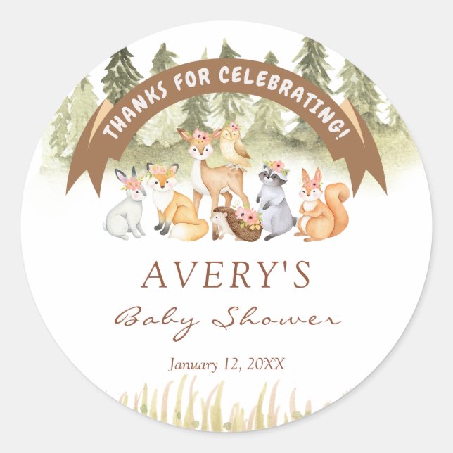 Woodland Safari Animals Baby Shower Classic Round Sticker (Front)