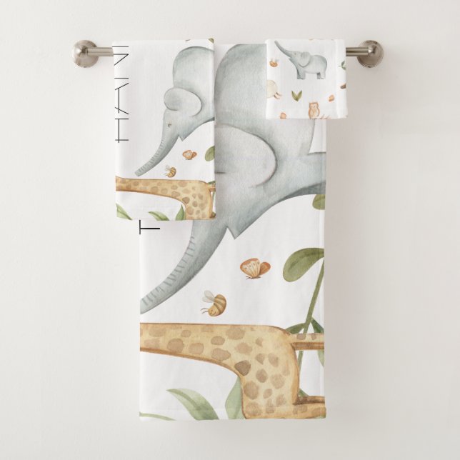 Woodland safari animals personalised towel set (Insitu)
