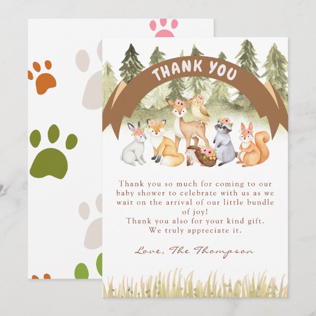 Woodland Safari Theme Baby Shower Thank You Card (Front/Back)
