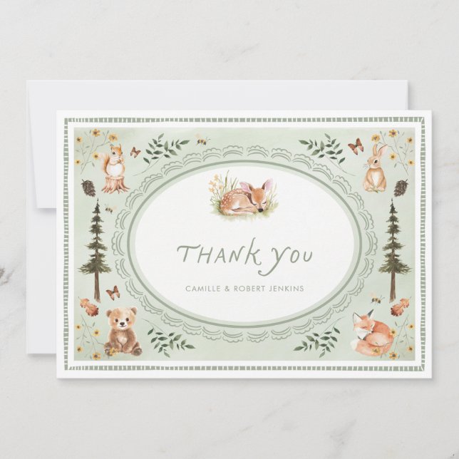 Woodland Sage Green Baby Shower Thank you Card (Front)