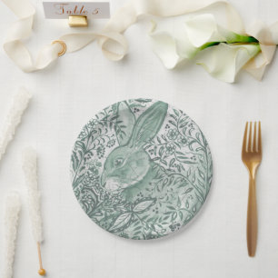 Woodland Sage Green Bunny Rabbit Floral Foliage Paper Plate