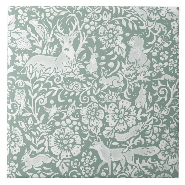 Woodland Sage Green Forest Animals Deer Fox Rabbit Tile (Front)