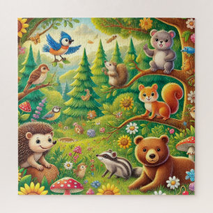 Woodland Scene Cute Forest Animals Design Jigsaw Puzzle