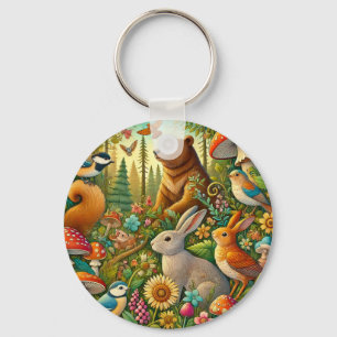 Woodland Scene with Cute Animals Key Ring