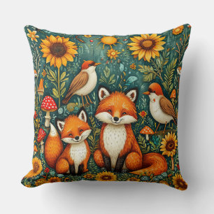 Woodland Scene with Foxes, Birds, Sunflowers Cushion