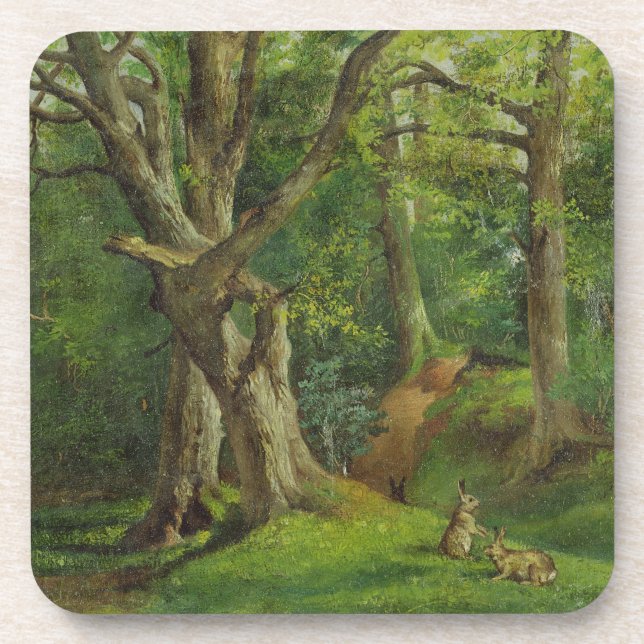 Woodland Scene with Rabbits, 1862 (oil on canvas) Coaster (Front)