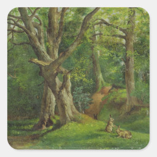 Woodland Scene with Rabbits, 1862 (oil on canvas) Square Sticker