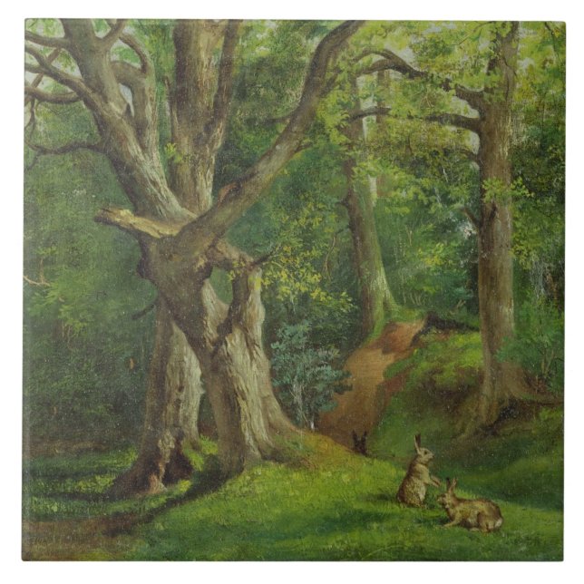 Woodland Scene with Rabbits, 1862 (oil on canvas) Tile (Front)