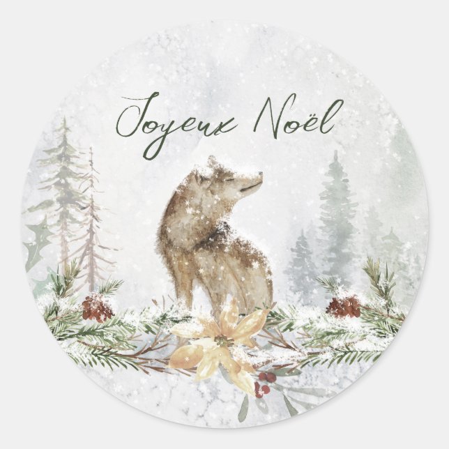Woodland Scene Wolf French Merry Christmas Sticker (Front)