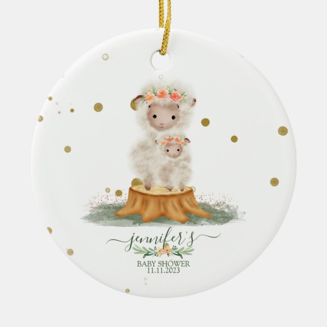 Woodland Sheep christmas baby shower Ceramic Tree Decoration (Front)