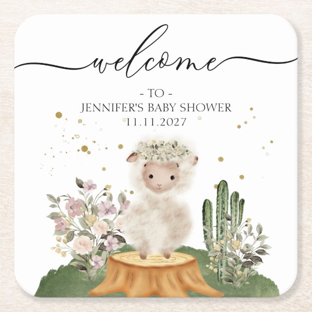 Woodland Sheep Girl Boy Baby Shower Square Paper Coaster (Front)