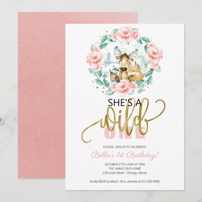 Woodland She's A Wild One First Birthday Invitation (Front/Back)
