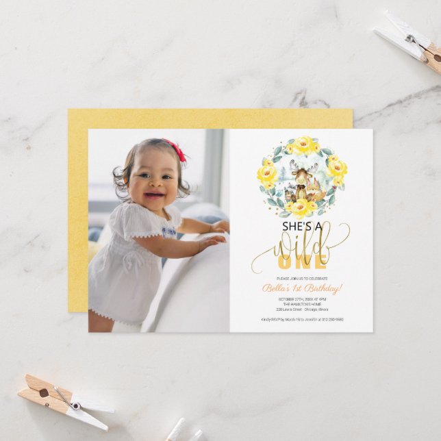 Woodland She's A Wild One Photo First Birthday Inv Invitation (Front/Back In Situ)