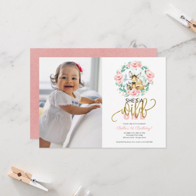 Woodland She's A Wild One Photo First Birthday Invitation (Front/Back In Situ)