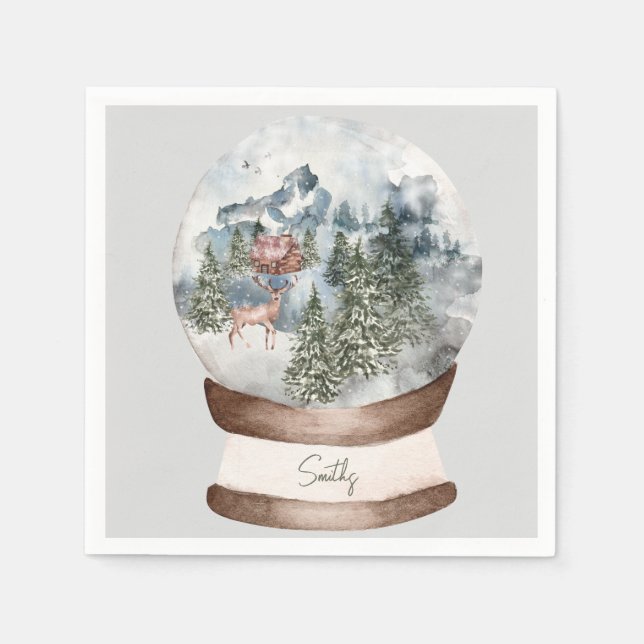 Woodland Snow globe Custom Family Name Christmas Napkin (Front)