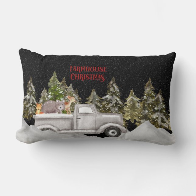 Woodland Snowfall  Farmhouse Christmas Lumbar Cushion (Front)