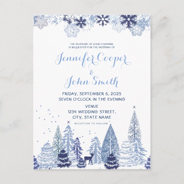 Woodland Snowflakes Winter Wedding  Invitation Postcard (Front)