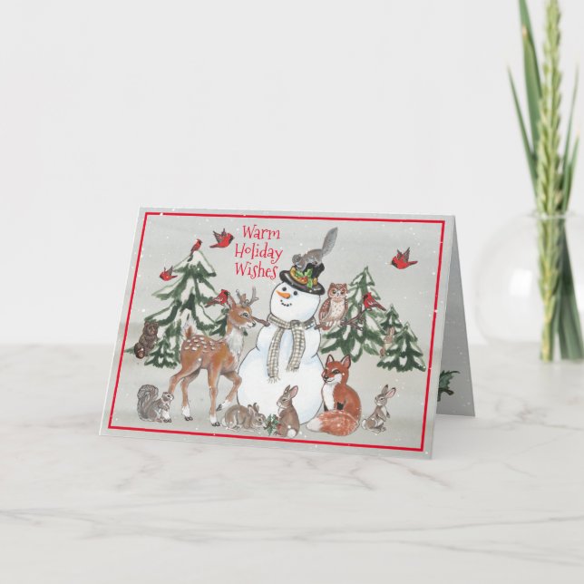 Woodland Snowman Deer Fox Christmas Wishes Grey Holiday Card (Front)