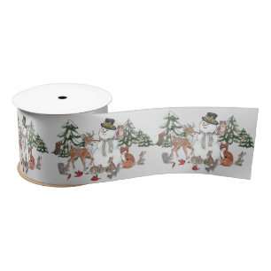 Woodland Snowman Deer Fox Christmas Wishes Grey Satin Ribbon