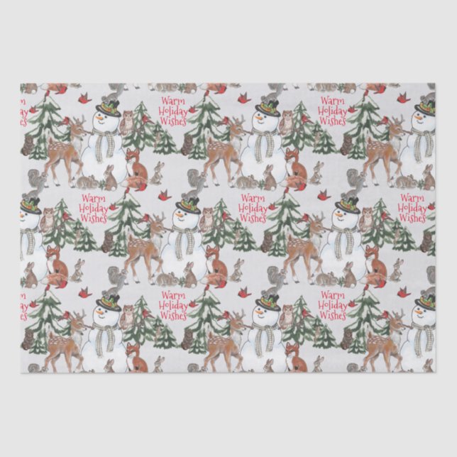 Woodland Snowman Deer Fox Christmas Wishes Grey Tissue Paper (Front)