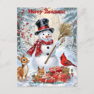 Woodland Snowman Personalized Family Christmas Invitation Postcard