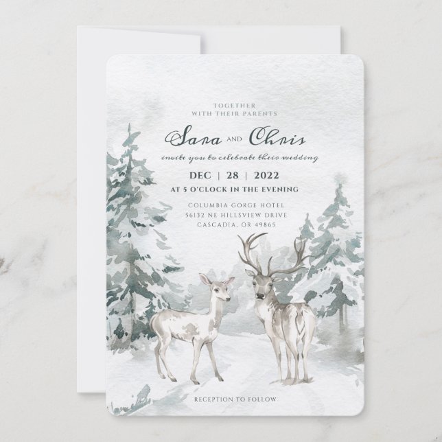 Woodland Snowy Winter Forest with Deer Watercolor Invitation (Front)
