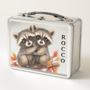 Woodland Snuggle Raccoons Metal Lunch Box