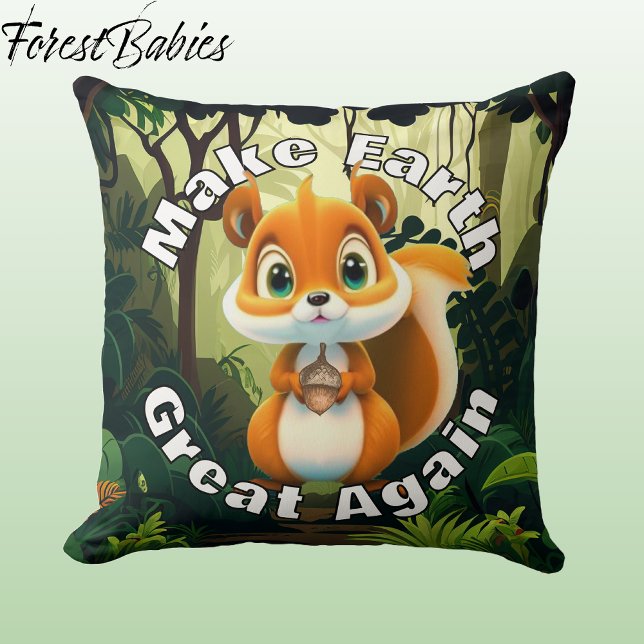  Woodland Squirrel Acorn Make Earth Great Again  Cushion (Cute Squirrel Make Earth Great Again Pillow Wildlife Nature Animal Cartoon Graphic Room Decor  🐿️)