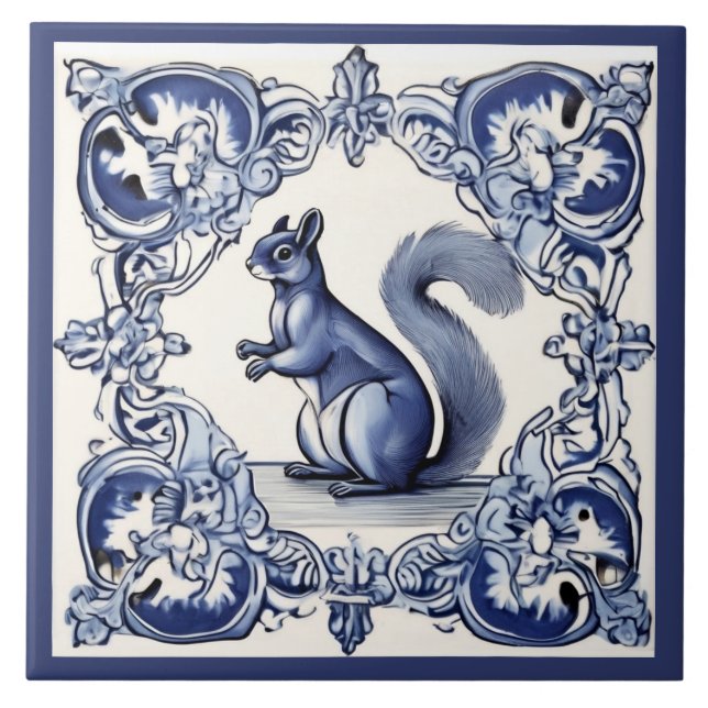 Woodland Squirrel Animal Art Navy Blue & White Tile (Front)