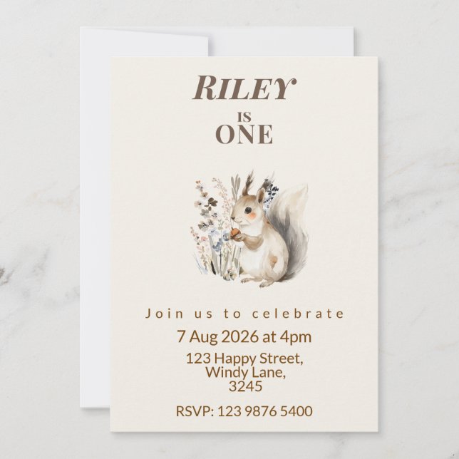 Woodland squirrel First Birthday Invitation (Front)