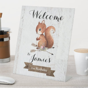 Woodland Squirrel first birthday party sign