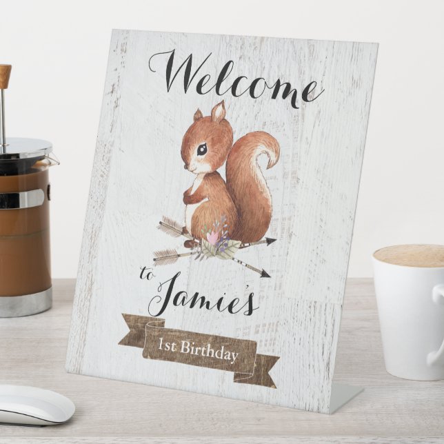 Woodland Squirrel first birthday party sign (In SItu)
