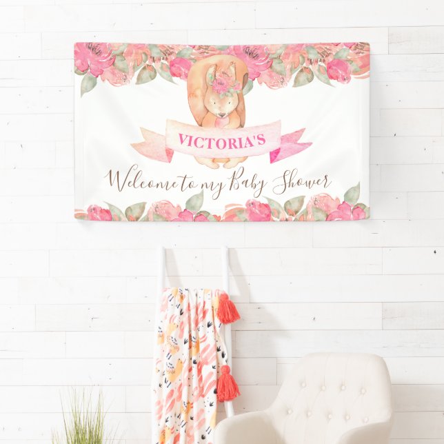 Woodland Squirrel Floral Baby Shower Welcome  Banner (Insitu)