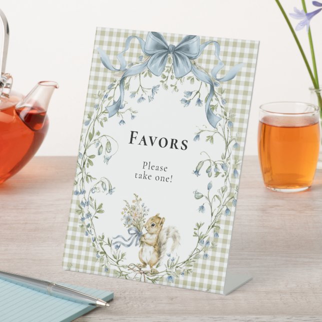 Woodland Squirrel Gingham Baby Shower Favors Pedestal Sign (In SItu)