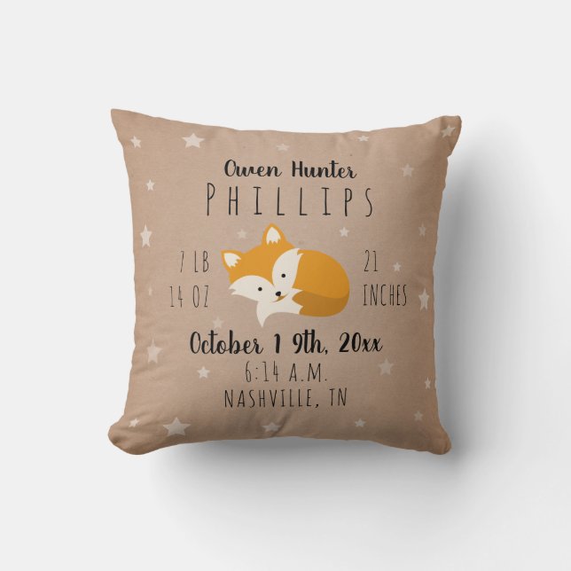 Woodland Stars Sleepy Fox Birth Stats Nursery Cushion (Front)