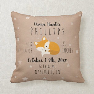 Woodland Stars Sleepy Fox Birth Stats Nursery Cushion